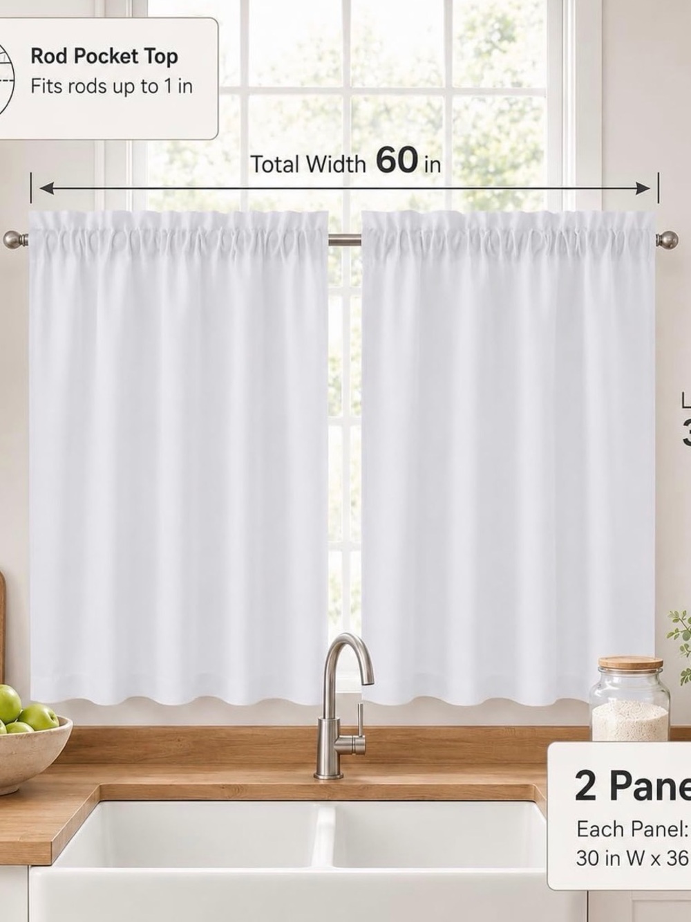 White Rod Pocket Kitchen Curtains - 2 Panel Set